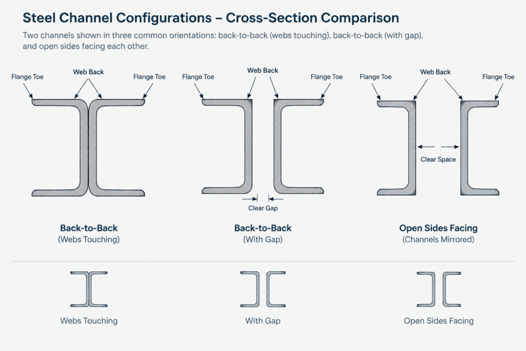 Back-to-Back Steel Channels and Angles: Orientation, Spacing, and Detailing structural steel illustration