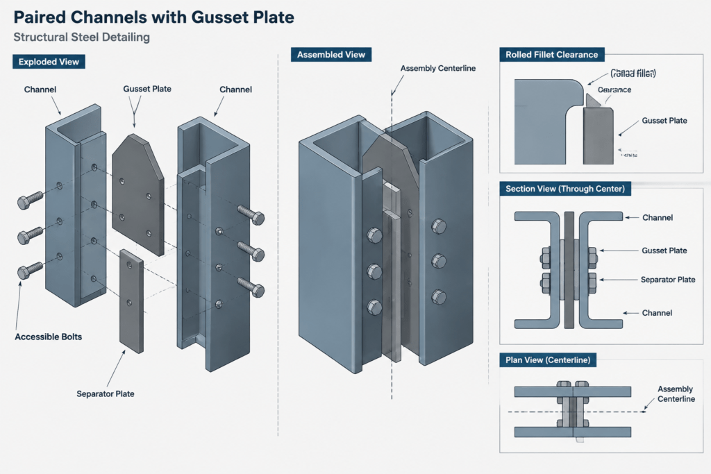 Back-to-Back Steel Channels and Angles: Orientation, Spacing, and Detailing structural steel illustration