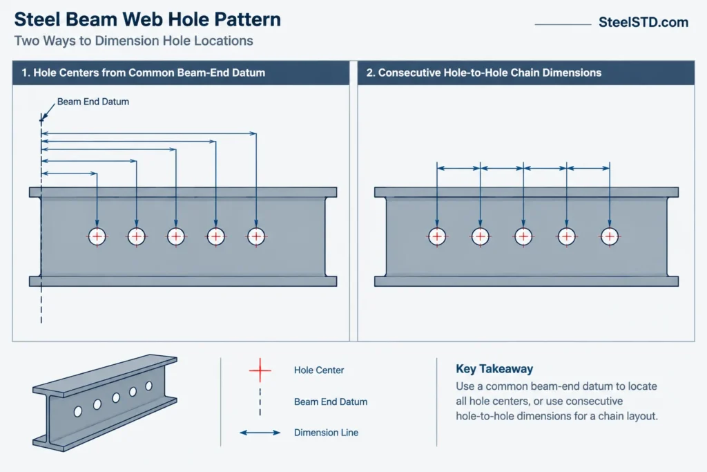 Baseline vs. Chain Dimensioning in Structural Steel Drawings: Controlling Layout and Accumulated Error structural steel illustration