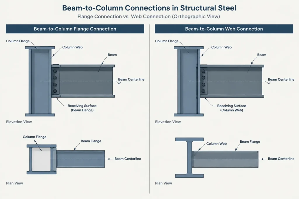 Beam-to-Column Flange vs. Beam-to-Column Web Connections: A Detailing Comparison structural steel illustration