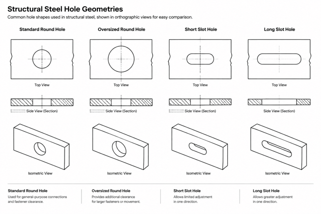 Bolt Hole Types in Structural Steel Detailing: Standard, Oversized, Short-Slot, and Long-Slot Holes structural steel illustration