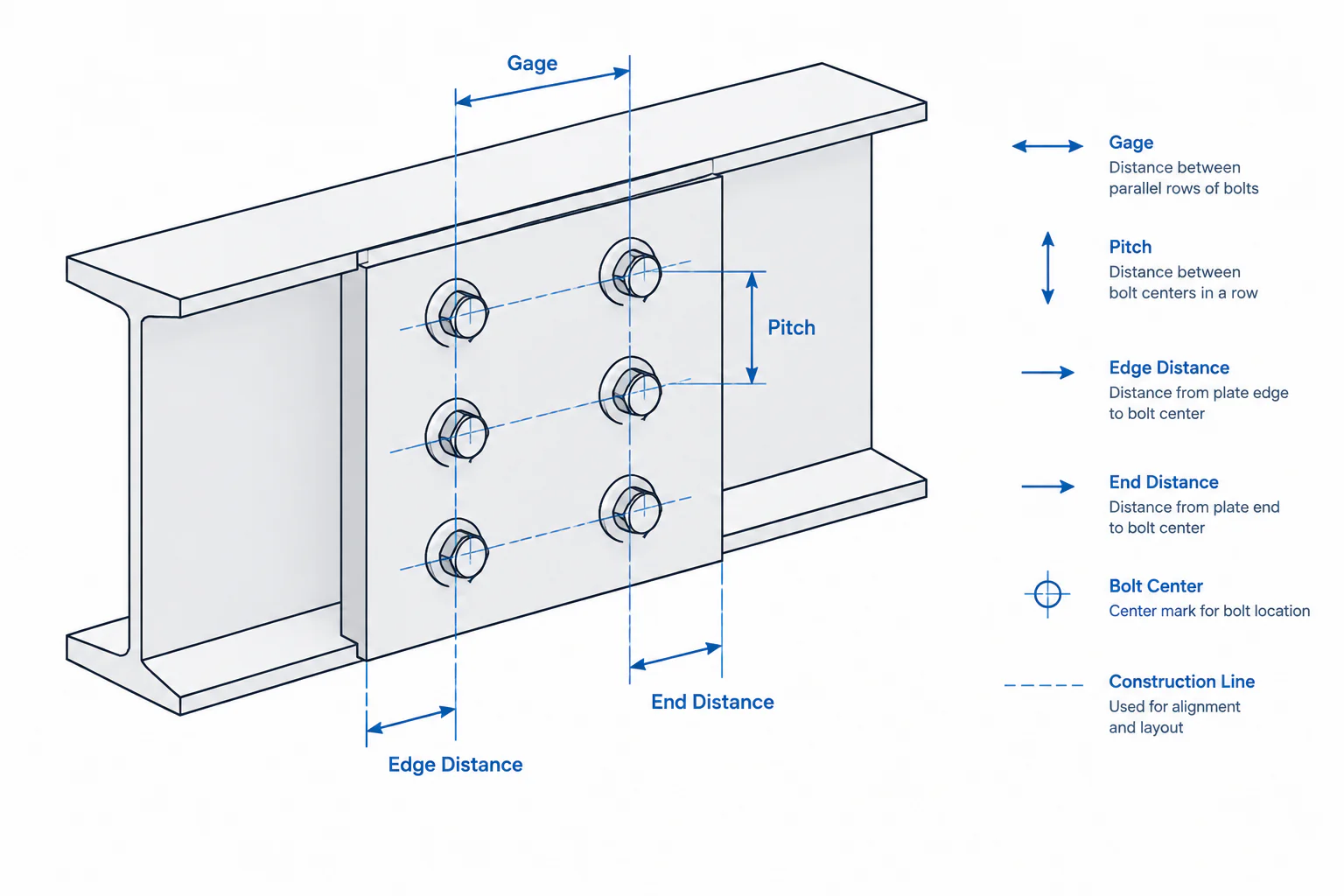 Bolt Layout Terminology in Steel Detailing: Gage, Pitch, Edge Distance, and End Distance