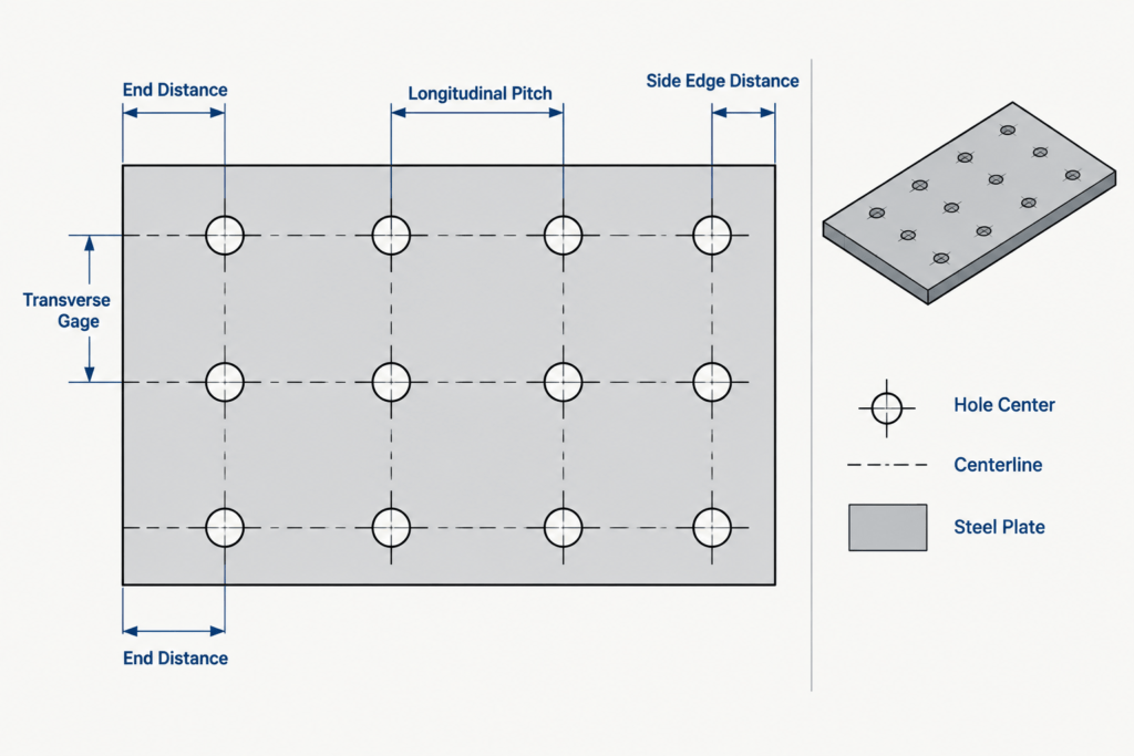 Bolt Layout Terminology in Steel Detailing: Gage, Pitch, Edge Distance, and End Distance structural steel illustration
