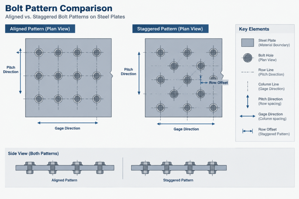 Bolt Layout Terminology in Steel Detailing: Gage, Pitch, Edge Distance, and End Distance structural steel illustration