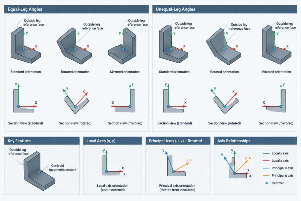 Centroid Coordinates in Steel Shape Tables: x̄, ȳ, Reference Axes, and CAD Placement structural steel illustration