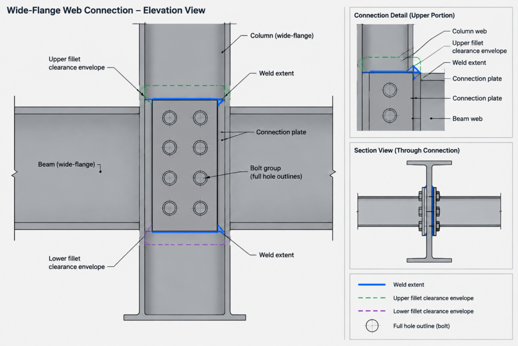 Clear Web Depth in W-Shapes: Flange Faces, Fillets, and Connection Fit structural steel illustration