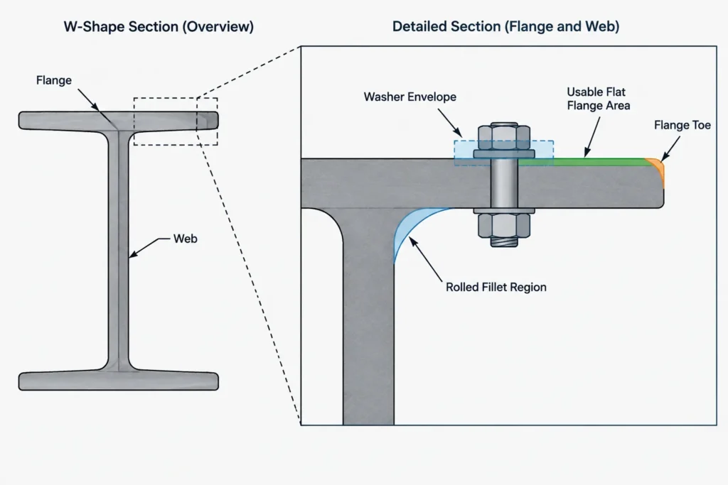Flange Gage in W-Shape Connections: Bolt Lines, Workable Gage, and Detailing Checks structural steel illustration