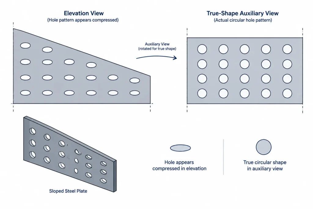 Hole Layout on Sloped and Skewed Steel Plates: True Spacing, Projected Dimensions, and CAD Checks structural steel illustration