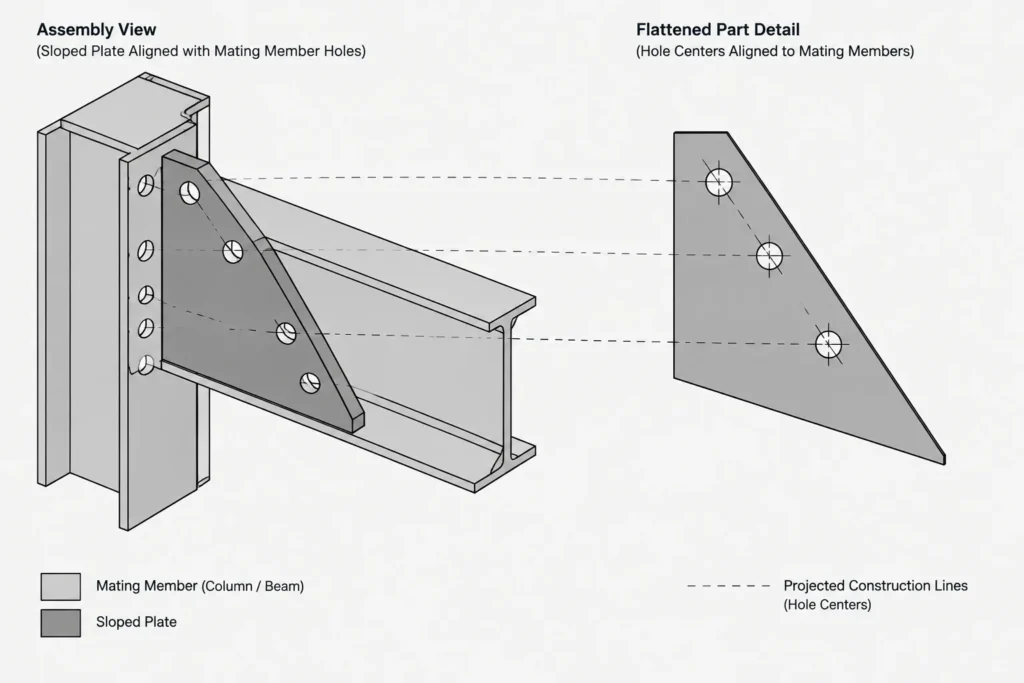 Hole Layout on Sloped and Skewed Steel Plates: True Spacing, Projected Dimensions, and CAD Checks structural steel illustration