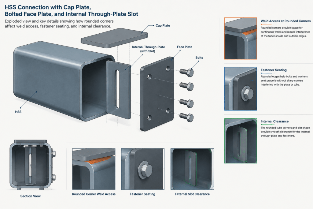 HSS Corner Radii and Flat Width: Practical Guidance for Detailing and CAD structural steel illustration