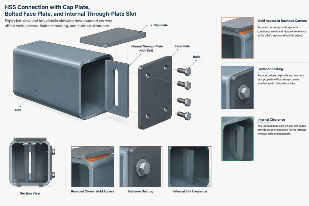 HSS Corner Radii and Flat Width: Practical Guidance for Detailing and CAD structural steel illustration