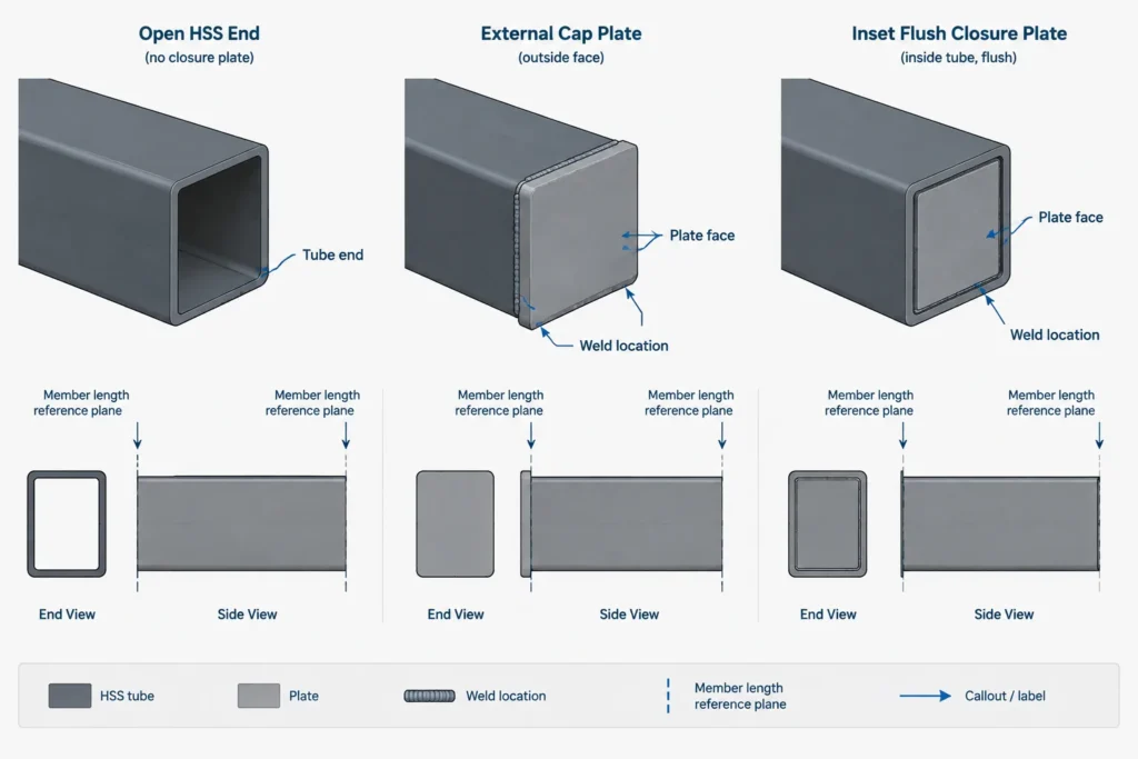 HSS End Conditions: Open Ends, Cap Plates, End Plates, and Drainage Coordination structural steel illustration