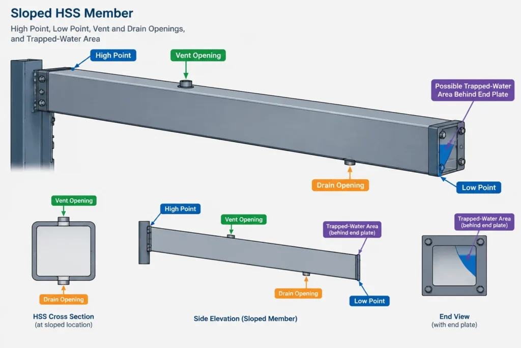 HSS End Conditions: Open Ends, Cap Plates, End Plates, and Drainage Coordination structural steel illustration