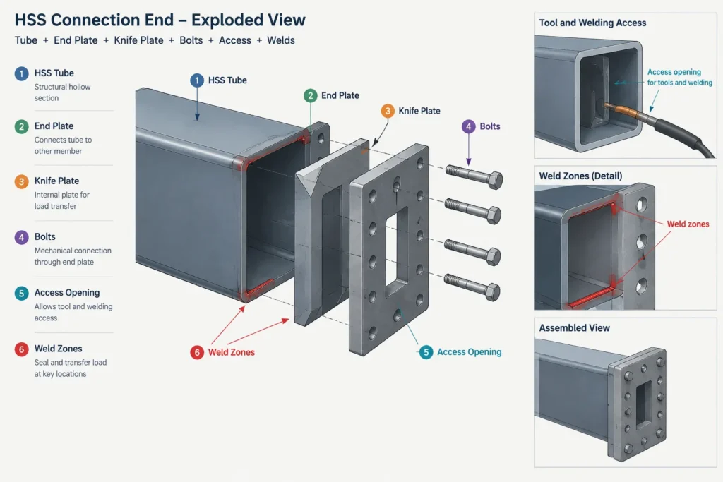 HSS End Conditions: Open Ends, Cap Plates, End Plates, and Drainage Coordination structural steel illustration