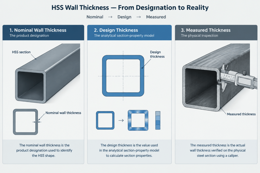 HSS Nominal Wall Thickness vs. Design Thickness: What Tables, Drawings, and CAD Models Mean structural steel illustration