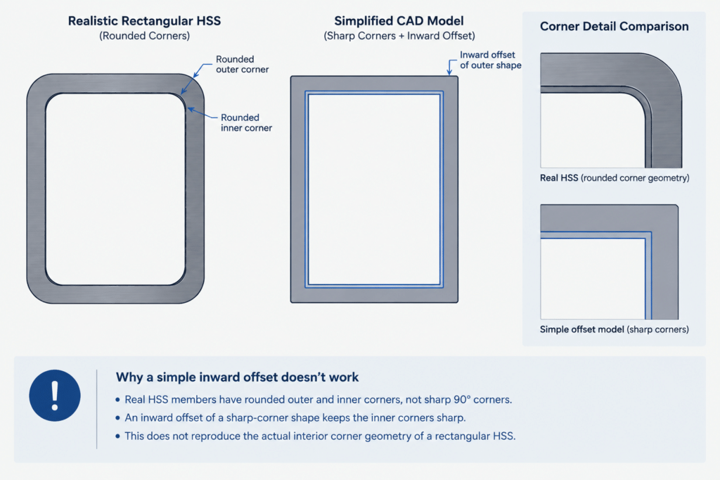 HSS Nominal Wall Thickness vs. Design Thickness: What Tables, Drawings, and CAD Models Mean structural steel illustration