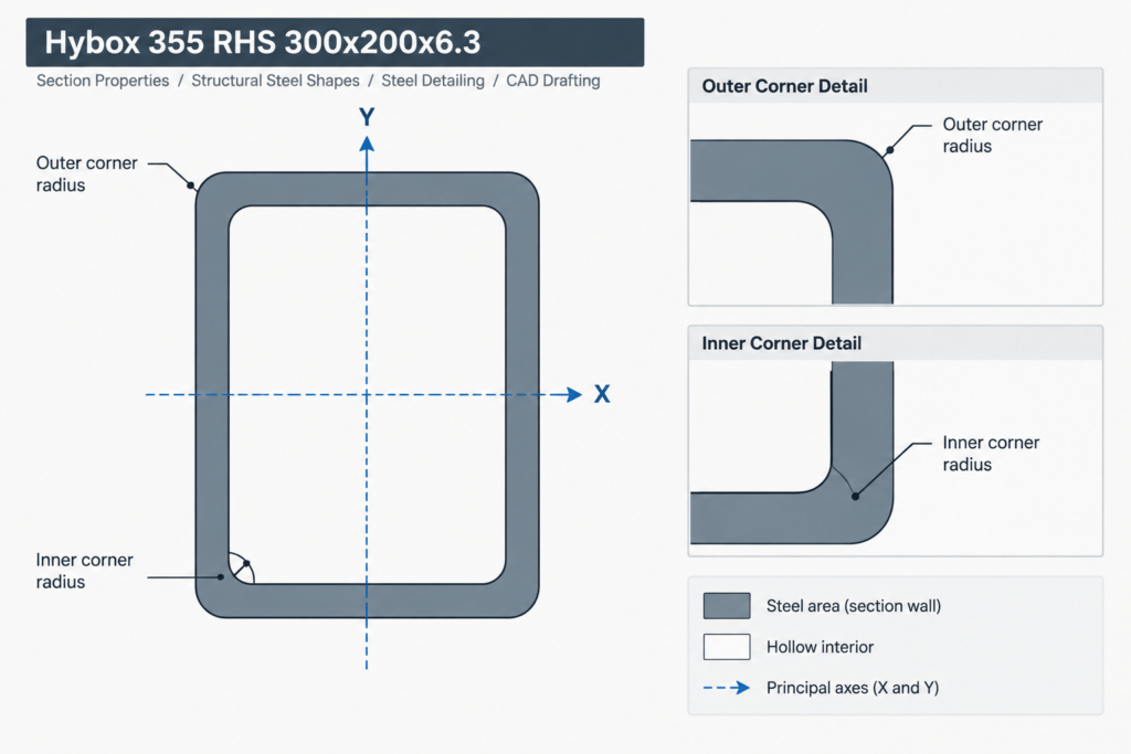 Hybox 355 RHS 300x200x6.3 structural steel illustration