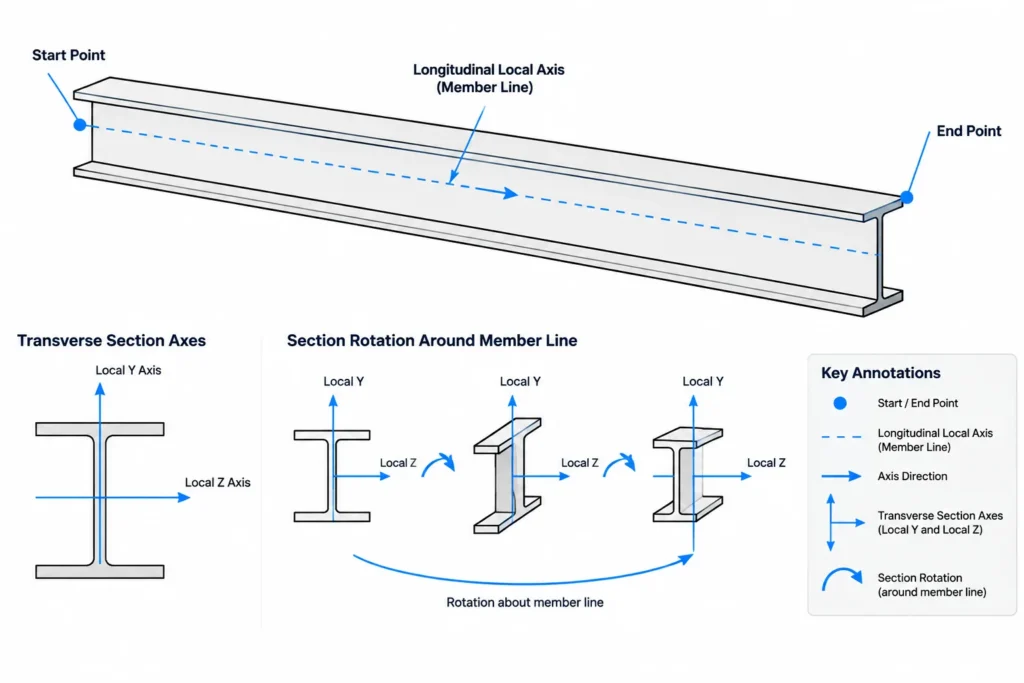 Local Axes in Structural Steel CAD Models: Member Direction, Section Rotation, and Coordination structural steel illustration