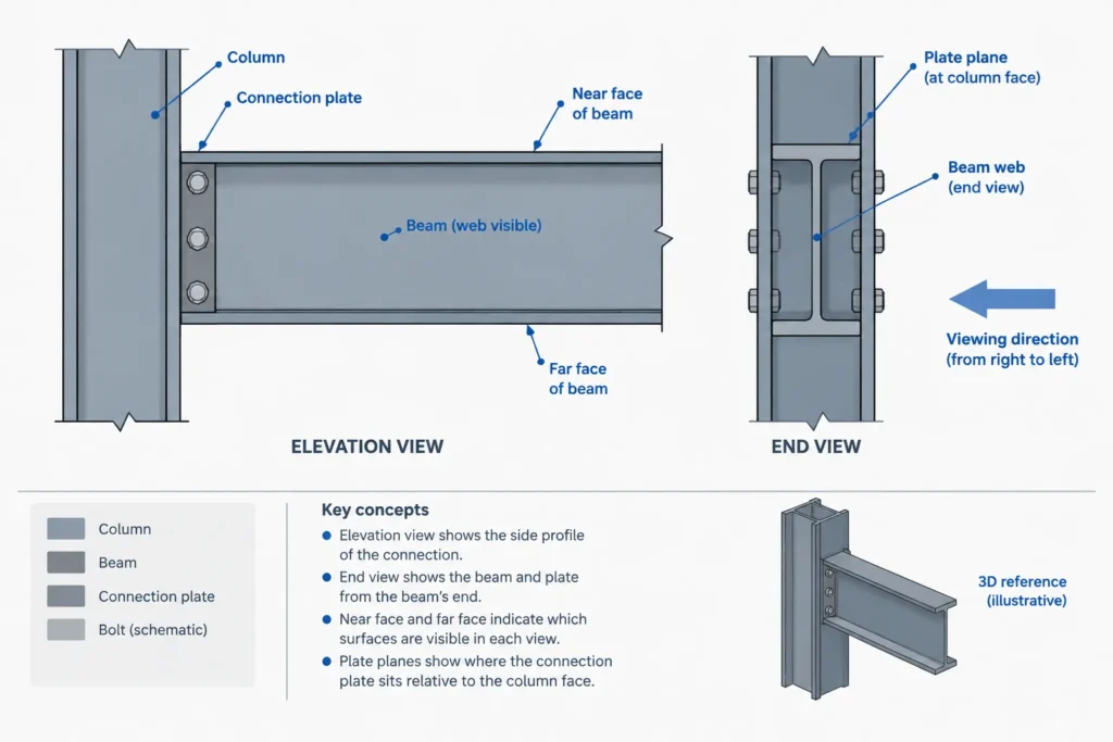 Near-Side vs. Far-Side Steel Detailing: Reading Plates, Holes, and Bolts in Elevation structural steel illustration