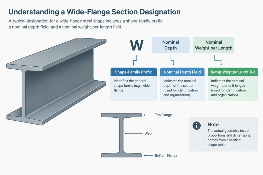 Reading Steel Shape Designations: Where Weight per Foot Appears—and Where It Does Not structural steel illustration