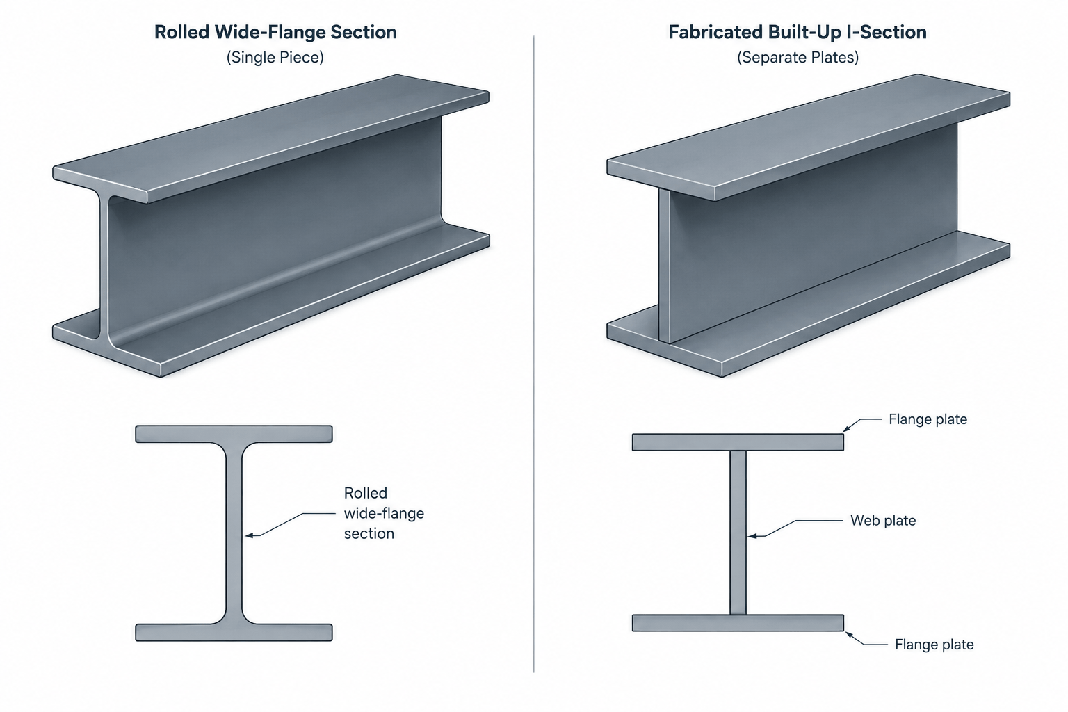 Rolled Shapes vs. Built-Up Steel Members: How to Read, Model, and Detail the Difference