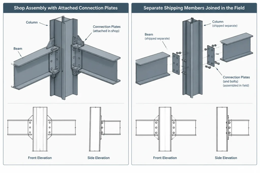 Shop vs. Field Connections in Structural Steel Drawings: Bolts, Welds, and Coordination structural steel illustration