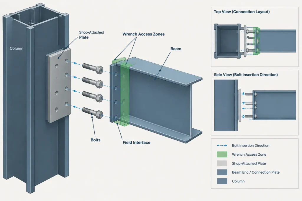 Shop vs. Field Connections in Structural Steel Drawings: Bolts, Welds, and Coordination structural steel illustration