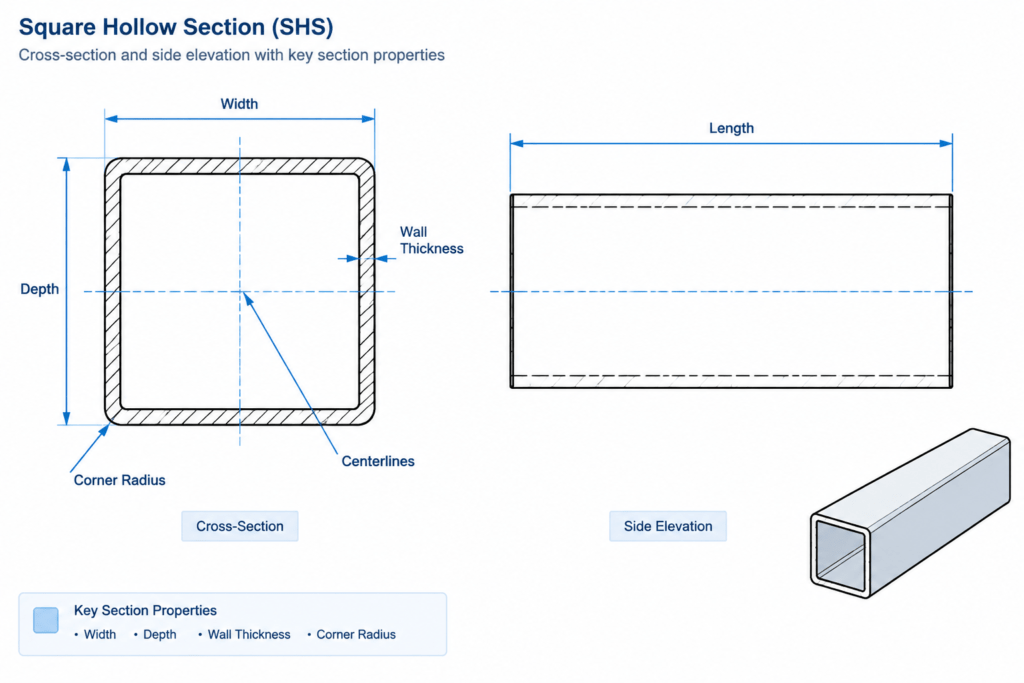 SHS 150x150x4 structural steel illustration