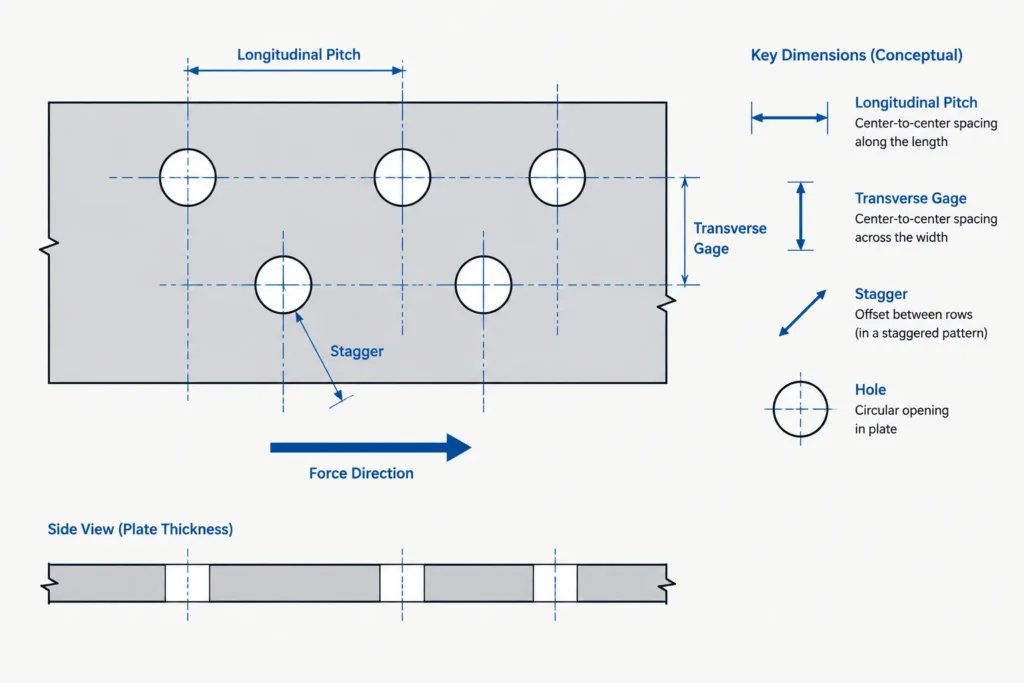 Staggered Bolt Holes and Net-Section Paths in Steel Plates and Angles structural steel illustration