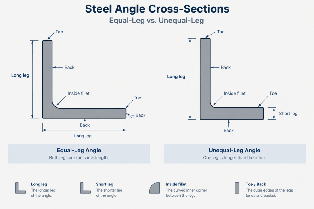 Steel Angle Terminology: Legs, Toes, Heel, Fillet, and Orientation structural steel illustration