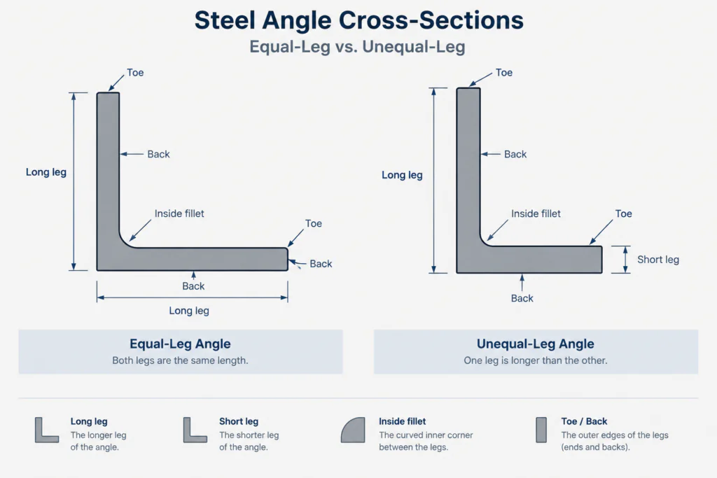 Steel Angle Terminology: Legs, Toes, Heel, Fillet, and Orientation structural steel illustration