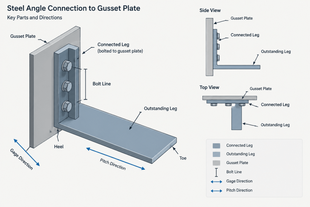 Steel Angle Terminology: Legs, Toes, Heel, Fillet, and Orientation structural steel illustration