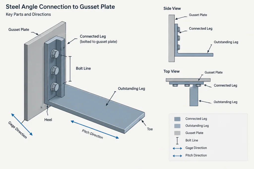 Steel Angle Terminology: Legs, Toes, Heel, Fillet, and Orientation structural steel illustration