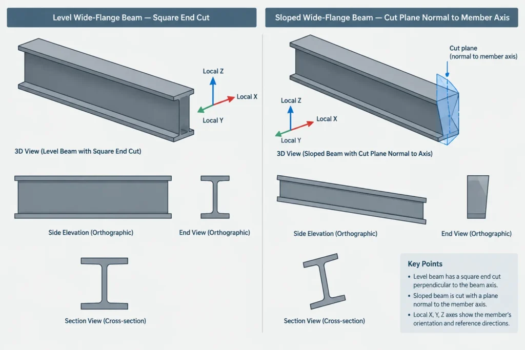 Steel Beam End Cuts: Square, Skewed, Sloped, and Compound Cut Geometry structural steel illustration