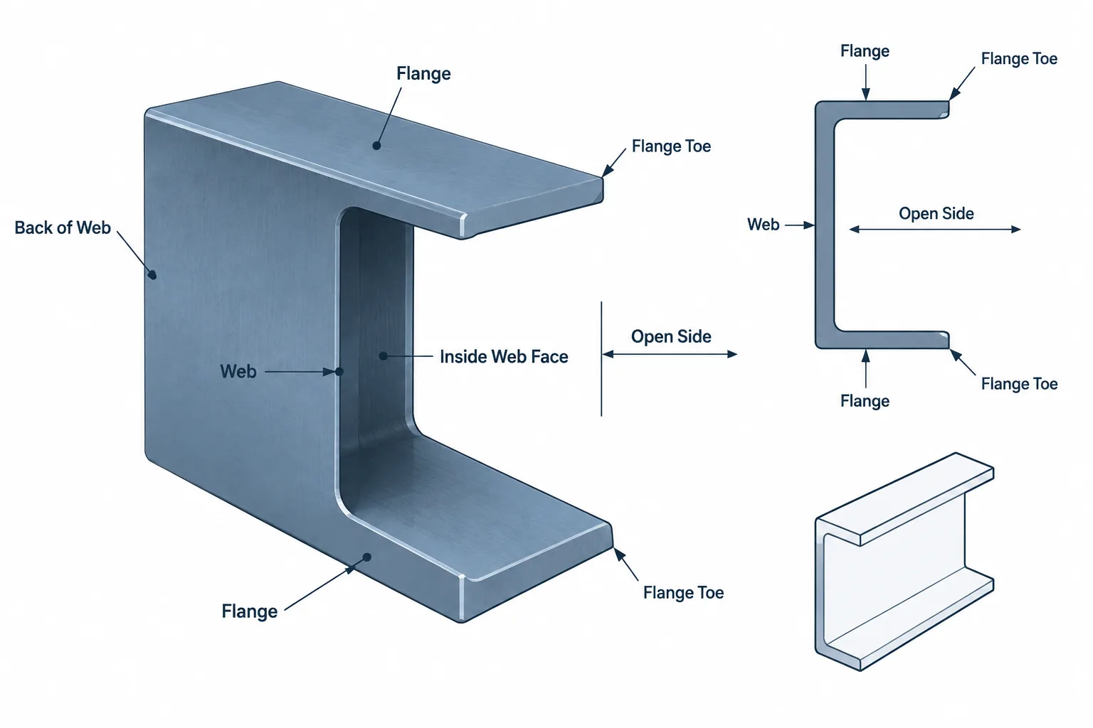 Steel Channel Orientation: Web Back, Flange Toes, Open Side, and Drawing References structural steel illustration