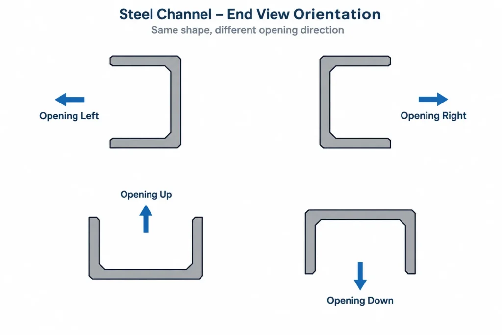 Steel Channel Orientation: Web Back, Flange Toes, Open Side, and Drawing References structural steel illustration