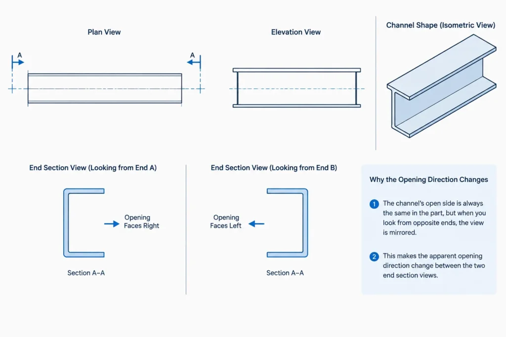 Steel Channel Orientation: Web Back, Flange Toes, Open Side, and Drawing References structural steel illustration