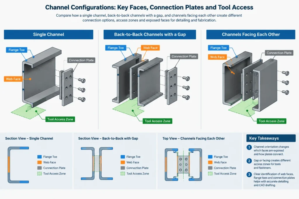Steel Channel Orientation: Web Back, Flange Toes, Open Side, and Drawing References structural steel illustration