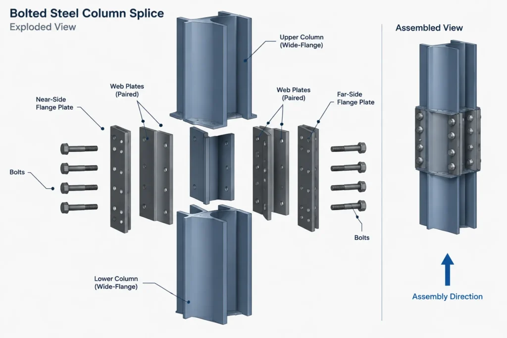 Steel Column Splice Detailing: Elevations, Alignment, and Drawing Coordination structural steel illustration
