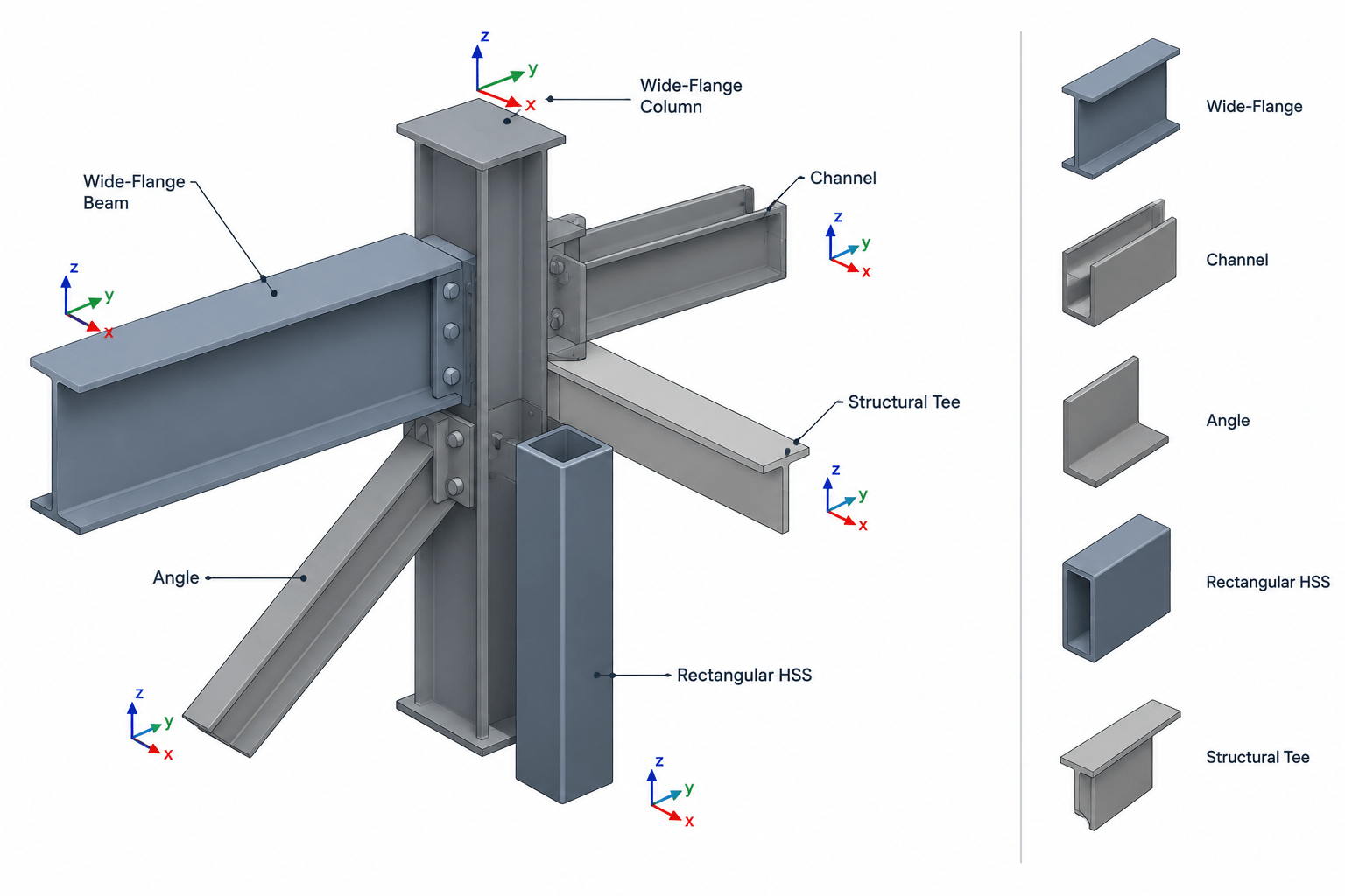 Steel Member Orientation in Plans, Elevations, Sections, and CAD Models