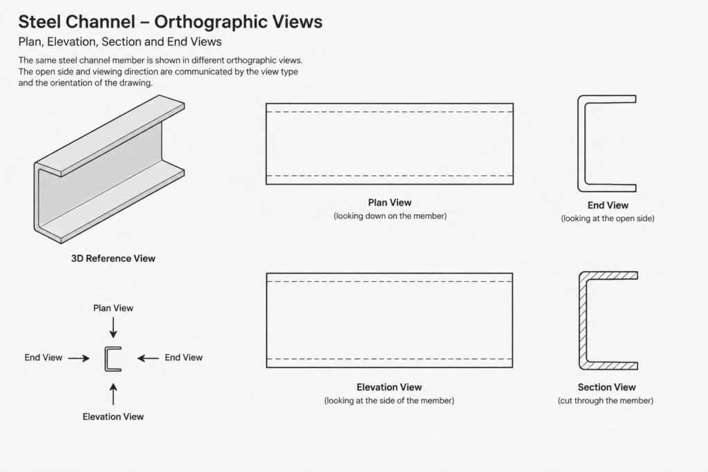 Steel Member Orientation in Plans, Elevations, Sections, and CAD Models structural steel illustration