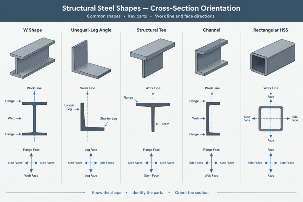Steel Member Orientation in Plans, Elevations, Sections, and CAD Models structural steel illustration