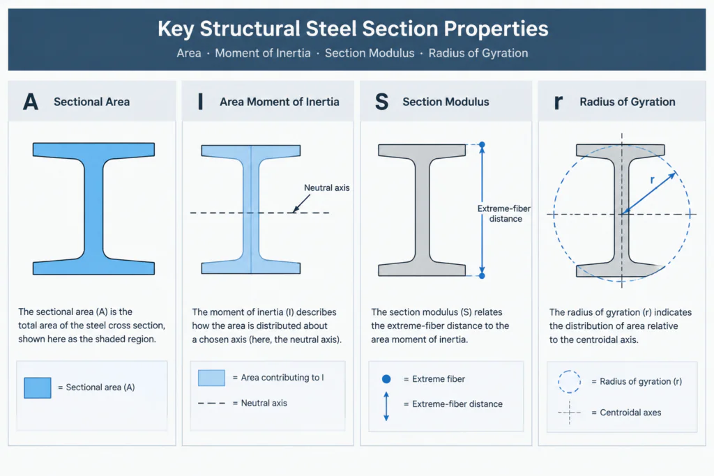Steel Section Property Units: How to Read and Convert A, I, S, Z, r, J, and Cw structural steel illustration
