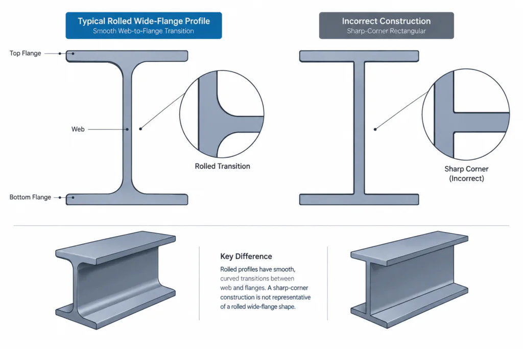Steel Shape k Dimensions: Rolled Fillets, Detailing Clearance, and CAD Geometry structural steel illustration