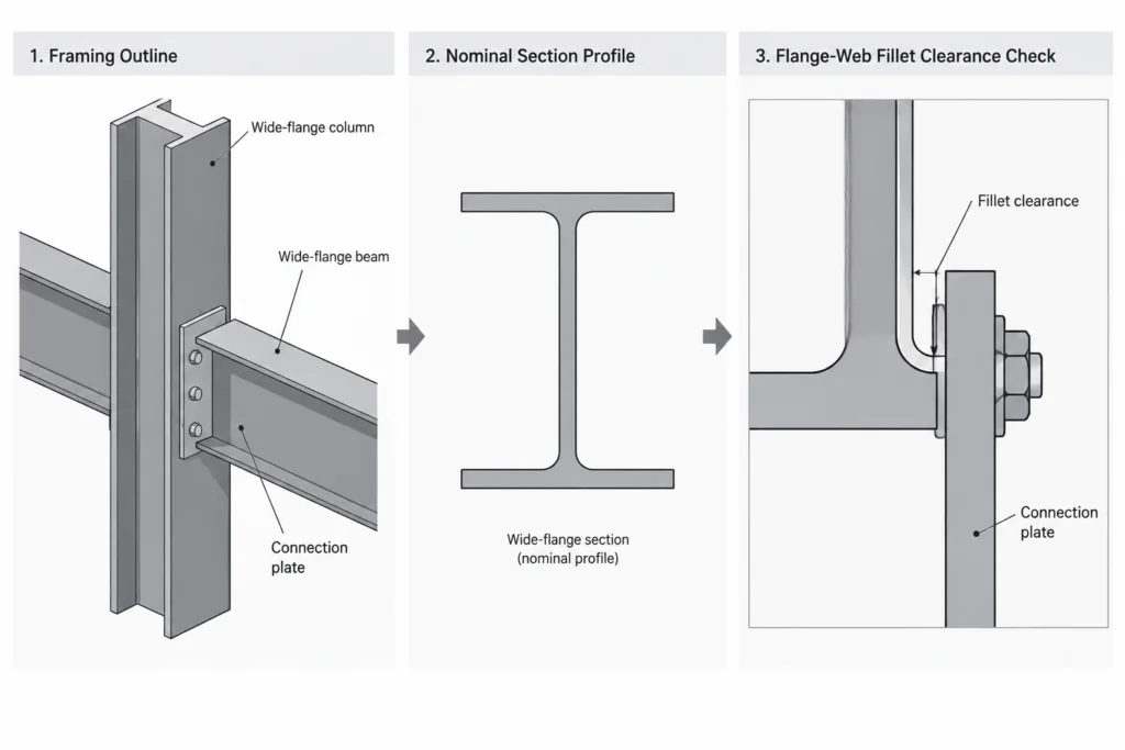 Steel Shape k Dimensions: Rolled Fillets, Detailing Clearance, and CAD Geometry structural steel illustration