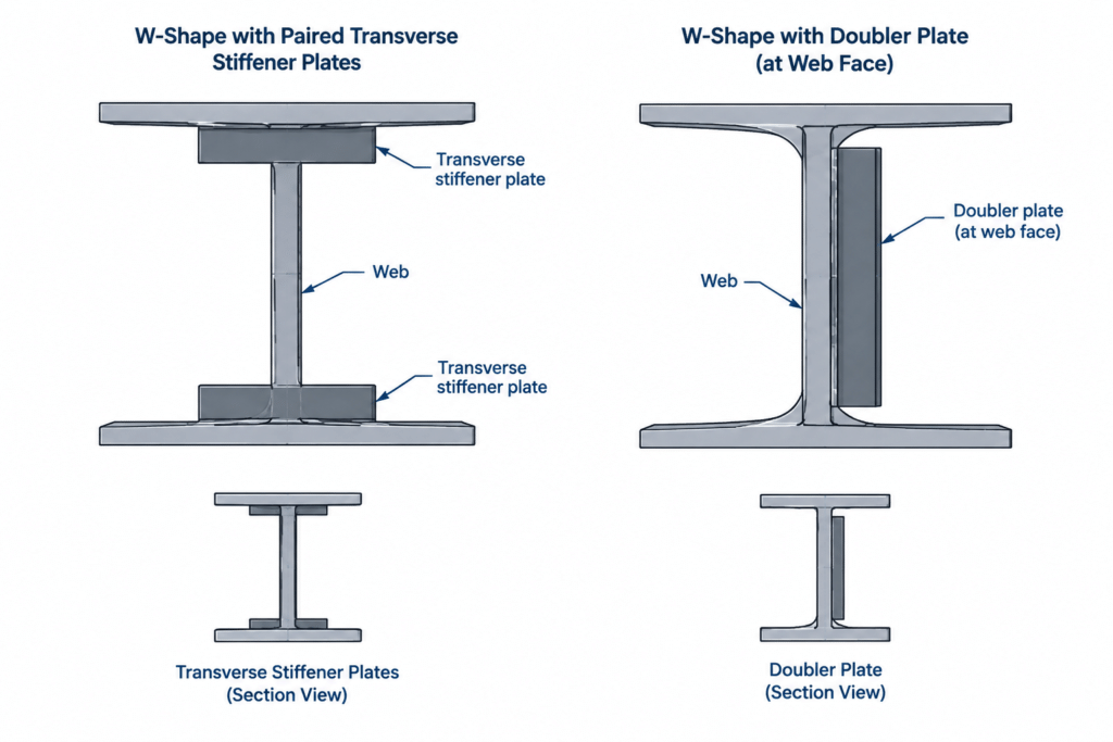 Stiffener Plates vs. Doubler Plates in Steel Connections: Purpose, Placement, and Detailing structural steel illustration