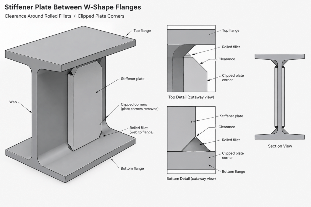 Stiffener Plates vs. Doubler Plates in Steel Connections: Purpose, Placement, and Detailing structural steel illustration