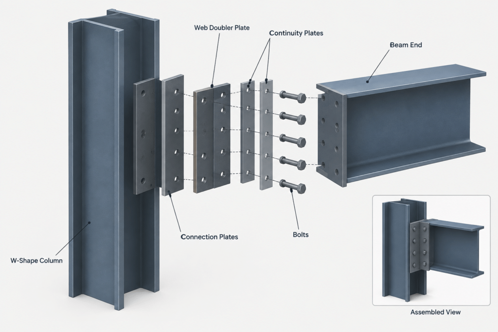 Stiffener Plates vs. Doubler Plates in Steel Connections: Purpose, Placement, and Detailing structural steel illustration