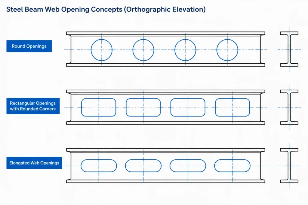 Structural Steel Beam Web Openings: Coordination, Reinforcement, and Detailing structural steel illustration