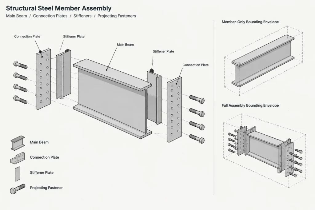 Structural Steel Bounding Boxes in CAD: Overall Dimensions, Rotation, and Clash Checks structural steel illustration